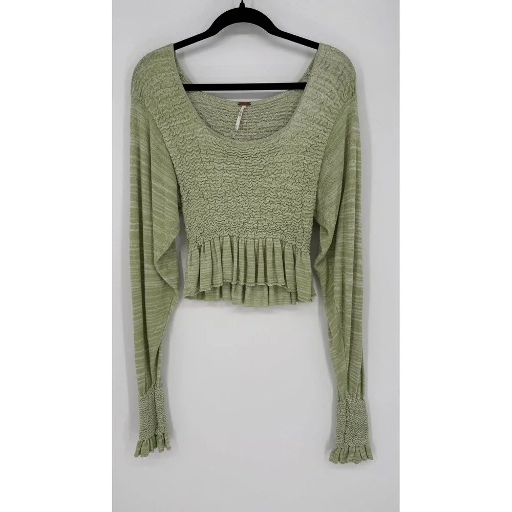 FREE PEOPLE FREE SPIRIT SMOCKED PEPLUM TOP SEAFOAM GREEN‎ SMALL